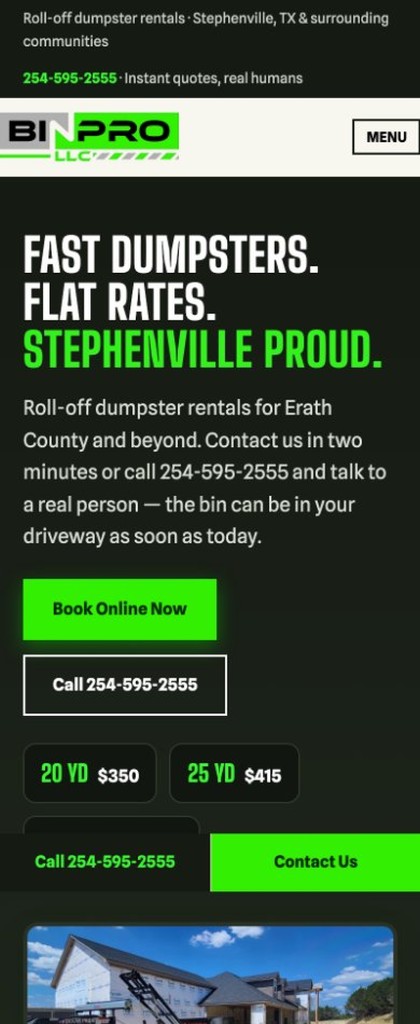 Bin Pro LLC mobile site — roll-off dumpster rentals