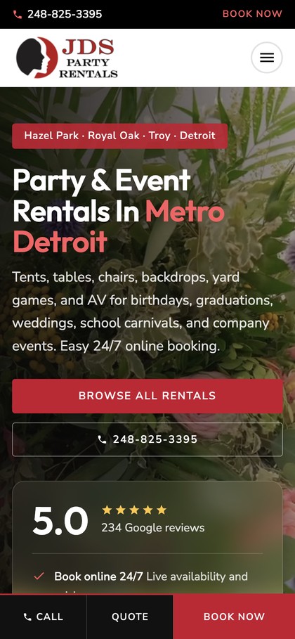JDS Party Rentals mobile site — party and event rentals in Metro Detroit